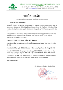 THÔNG BÁO THAY ĐỔI ĐỊA CHỈ CÔNG TY VÀ SỐ TỔNG ĐÀI CỦA CÔNG TY