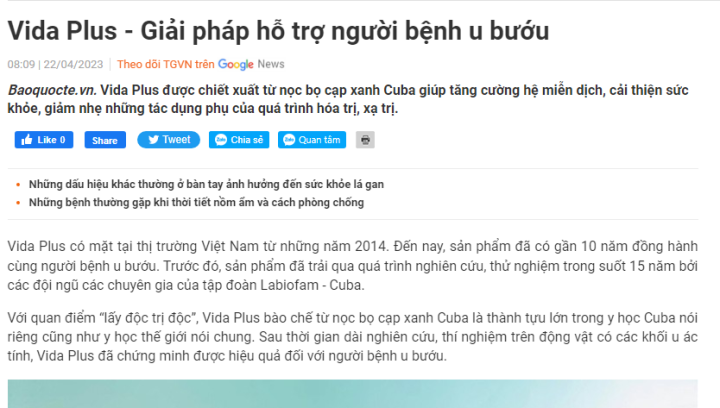 TPBVSK Vida Plus - Giải pháp hỗ trợ người bệnh u bướu ( Nguồn Baoquocte.vn )